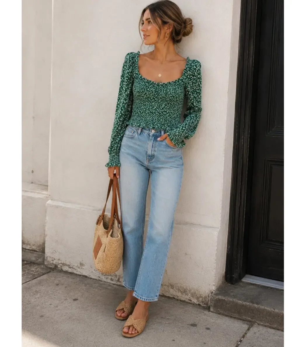 Reformation Green Ditsy Floral Smocked Blouse Womens M Summer Sheer Sleeve Boho